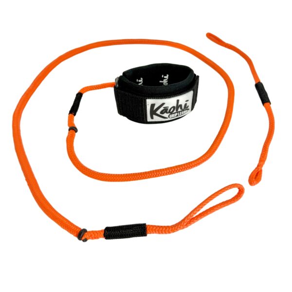 Kaohi Bungee Style Wing Leash in orange with padded wrist cuff and 12 inch pigtail extender