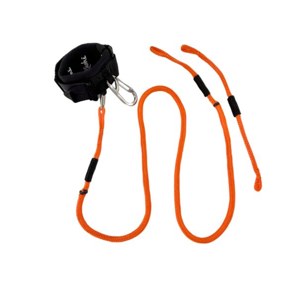 Kaohi orange bungee wing leash, back of the wrist cuff with stainless carabiner