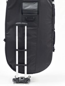FBC Travel Bag Trolley fitted to an FBC travel bag, telescoping handle extended
