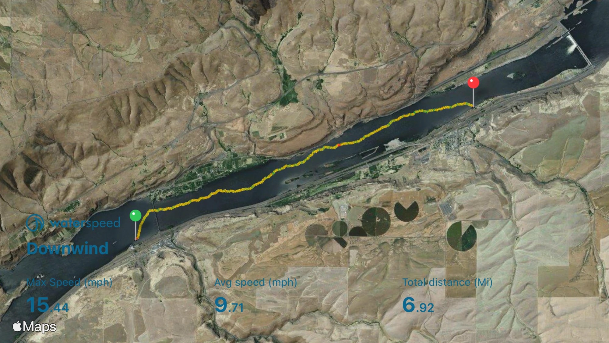 Silos to Rufus downwind map Silos to Rufus downwind run on Waterspeed: 6.92 miles, 9.71 mph average, 15.44 mph top speed