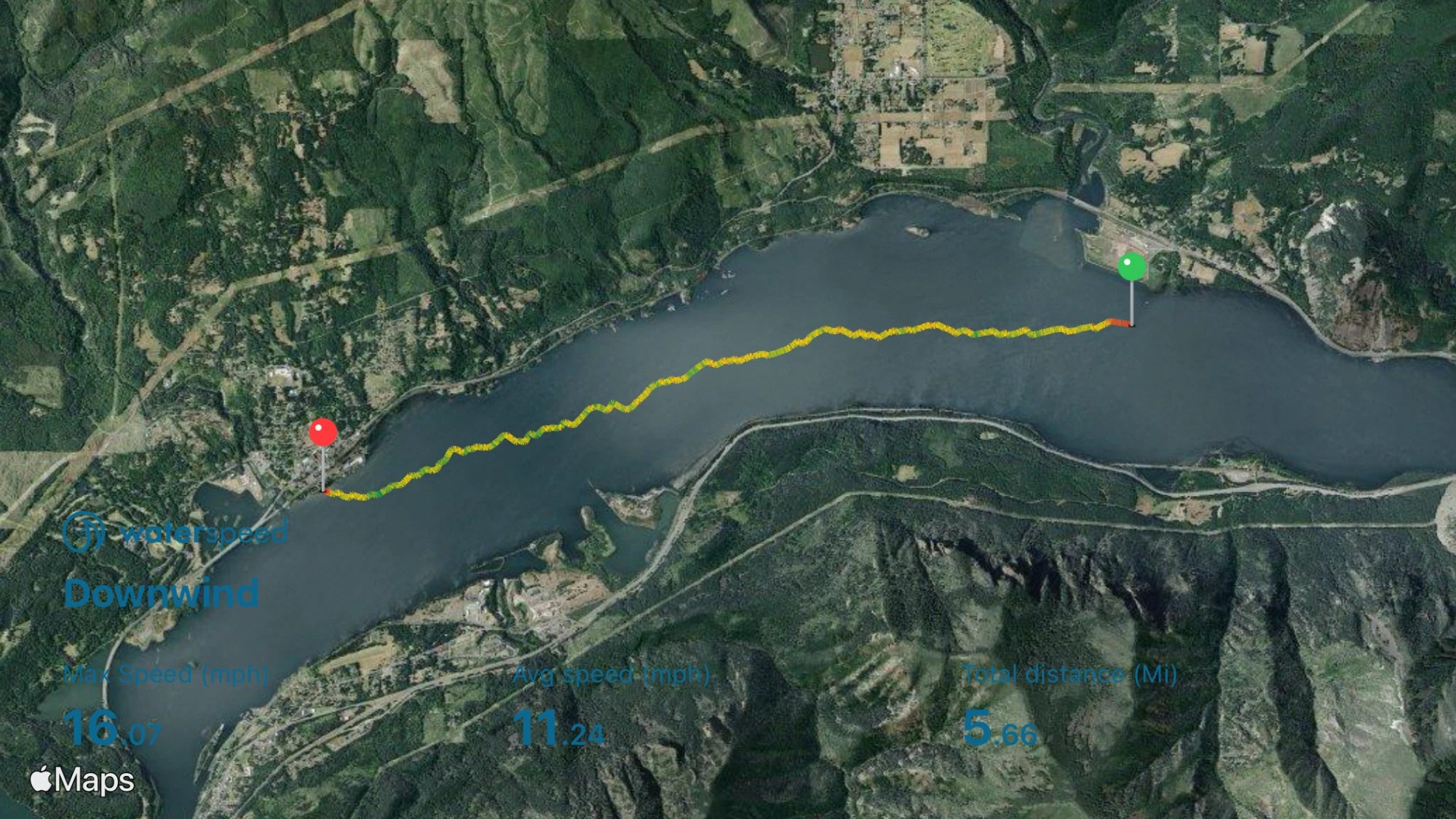 Home Valley to Stevenson downwind map Home Valley to Stevenson winter downwind run on Waterspeed: 5.66 miles, 11.24 mph average, 16.07 mph top speed