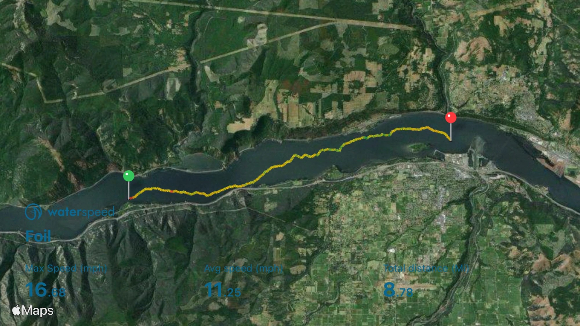 Viento to Hood River downwind map Viento to Hood River downwind run on Waterspeed: 8.78 miles, 11.25 mph average, 16.68 mph top speed