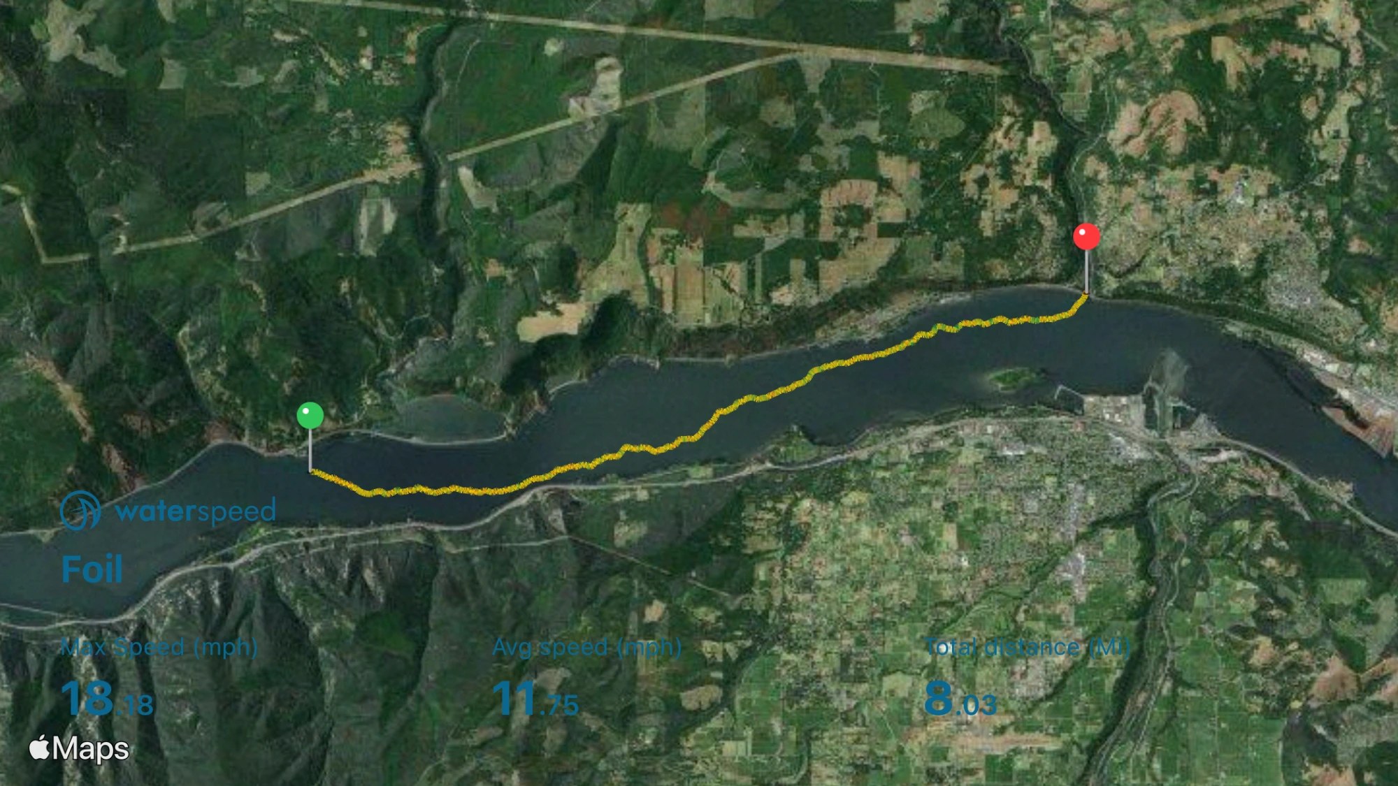 Drano to the White Salmon River downwind map Drano to the White Salmon River downwind run on Waterspeed: 8.03 miles, 11.75 mph average, 18.18 mph top speed