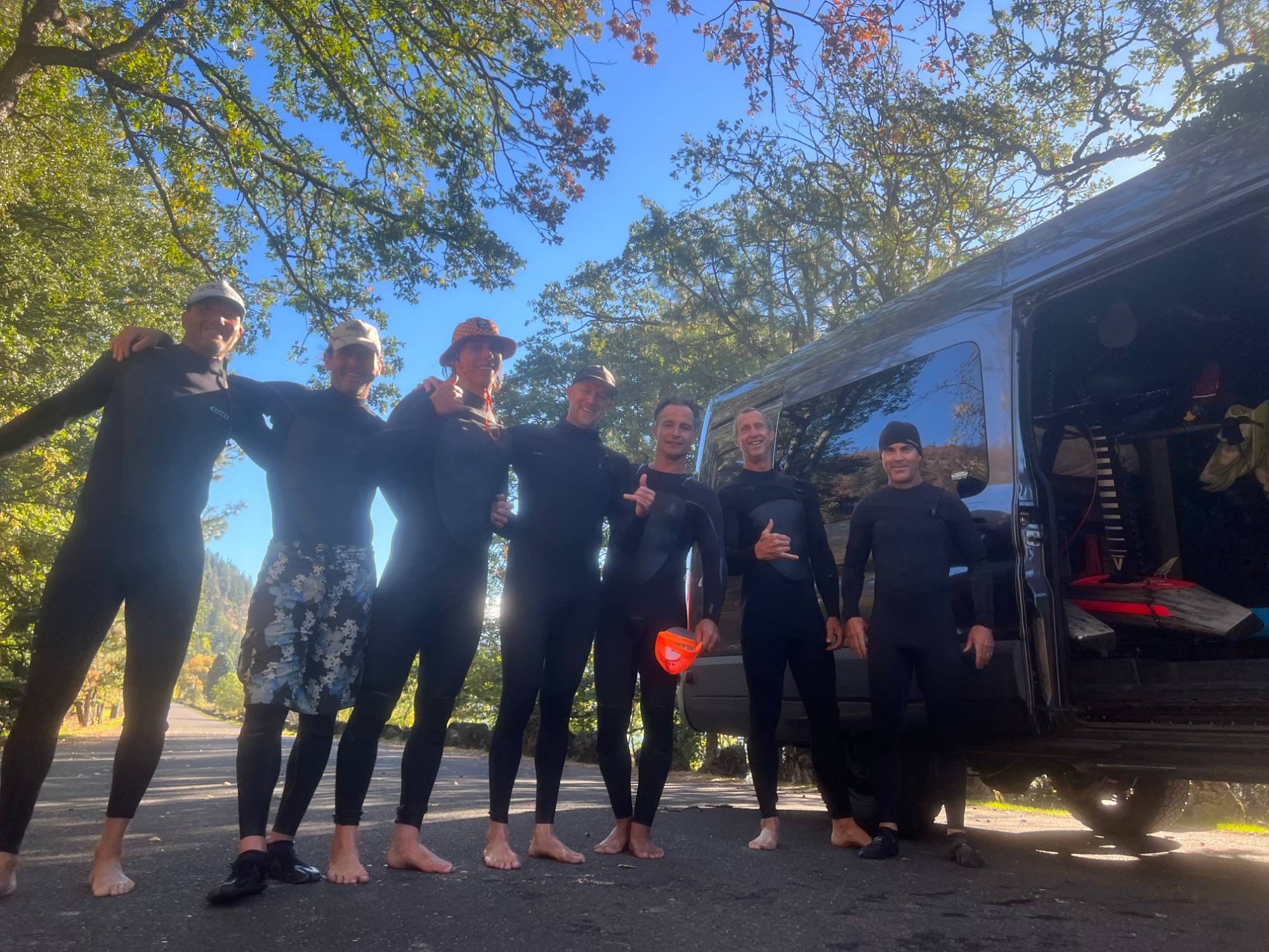 Hydronauts shuttle van The Hydronauts in wetsuits getting ready to pile into Tre's van for a Gorge downwind shuttle run