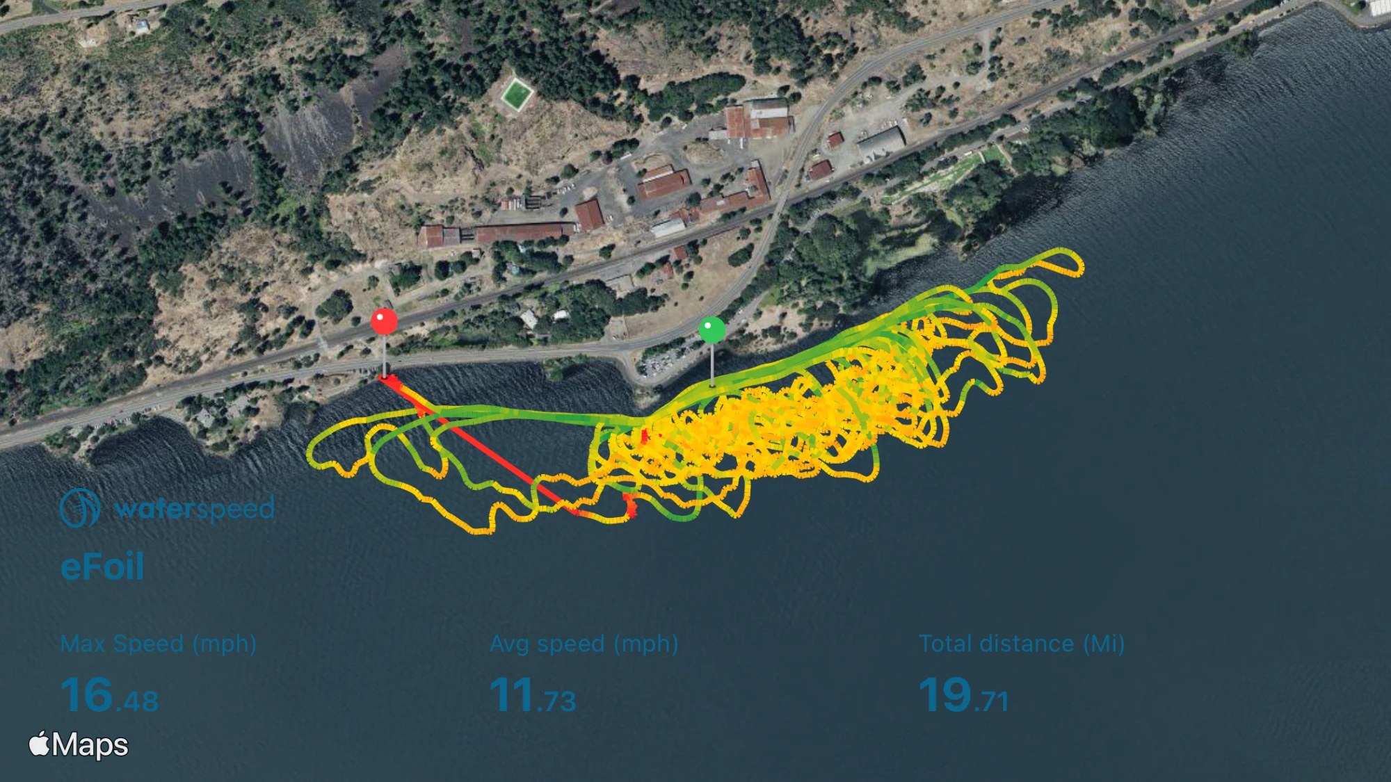 LiftX park and play Waterspeed map LiftX eFoil park and play laps at the Hatchery on Waterspeed: 19.71 miles, 11.73 mph average, 16.48 mph top speed