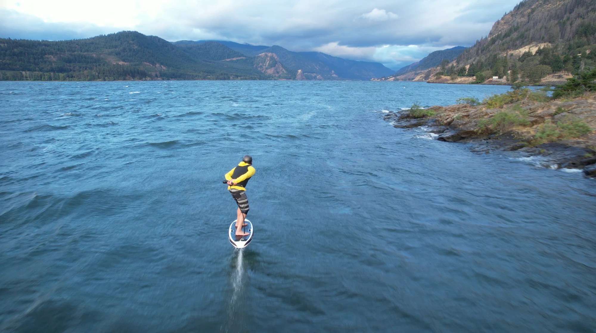 LiftX eFoil at the Hatchery T.J. Gulizia riding a LiftX eFoil wearing a helmet and life vest at the Hatchery, Columbia River Gorge. Drone: Dan Gavere