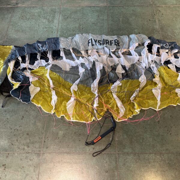 Used Flysurfer POW² 3.0m single skin parawing laid out with its backpack and J-handle