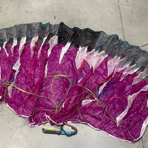 Used Duotone Stash V2 parawing 4.8m Purple/Dark Grey laid out on the shop floor